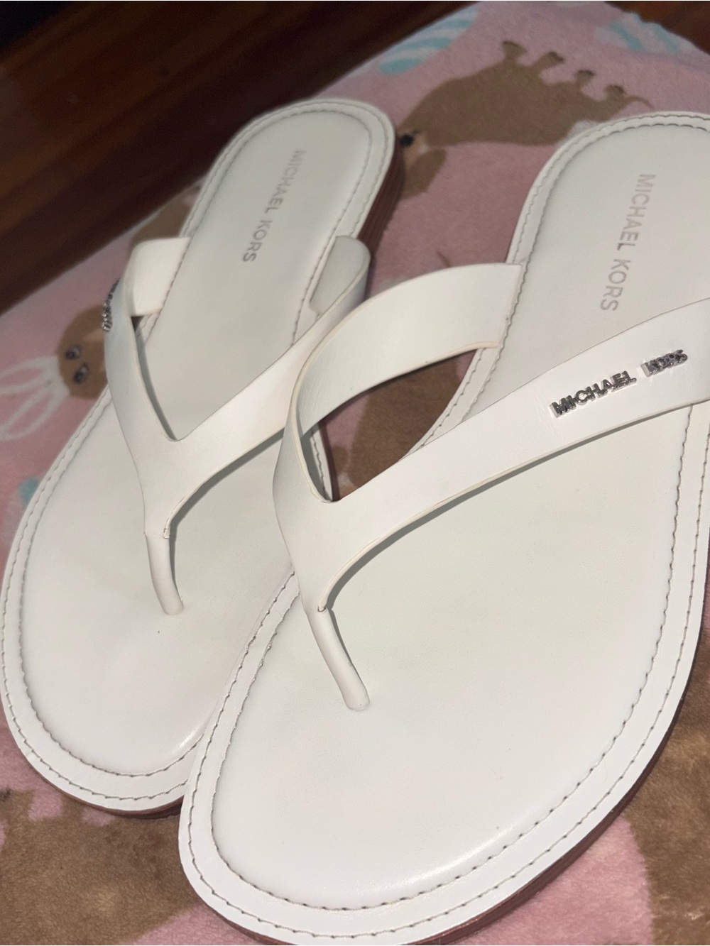 Michael Kors White Leather Thong Sandals with Logo Accent